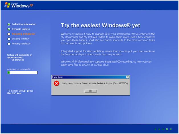 Installing Windows Xp Error 557ff5ch Setup Cannot Continue