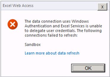 The data connection uses Windows Authentication and Excel Services is unable to delegate user credentials