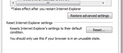 Tools menu-Internet Options-Advanced tab-Reset