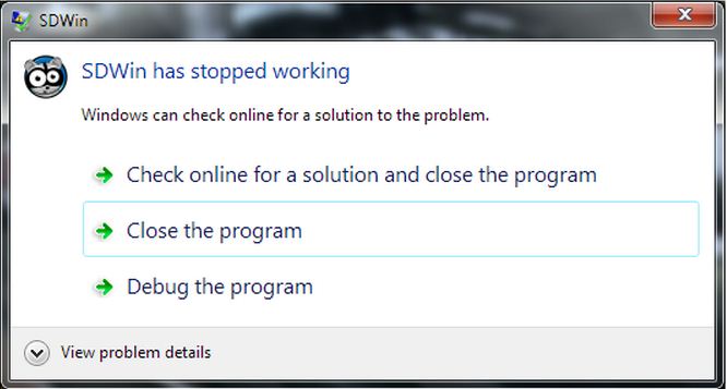 SDWin has stopped working