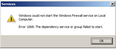 Windows could not start the Windows Firewall service on Local Computer. Error 1068: The dependency service or group failed to start.