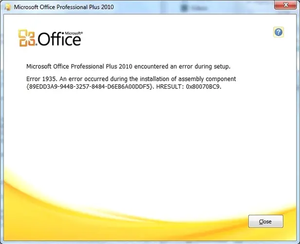 “Error 1935.An error occurred during the installation of assembly component {89EDD3A9-944B-3257-8484-D6EB6A00DDF5}. HRESULT: 0x80070BC9” 