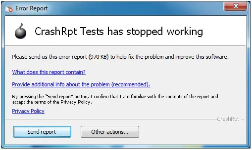 CrashRpt Tests has stopped working