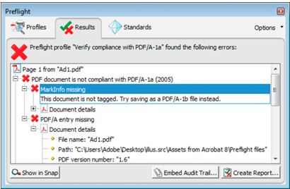 Preflight profile “Verify compliance with PDF/A-1a” found the following errors