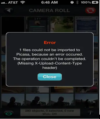 1 files could not be imported to Picasa, because an error occurred.
