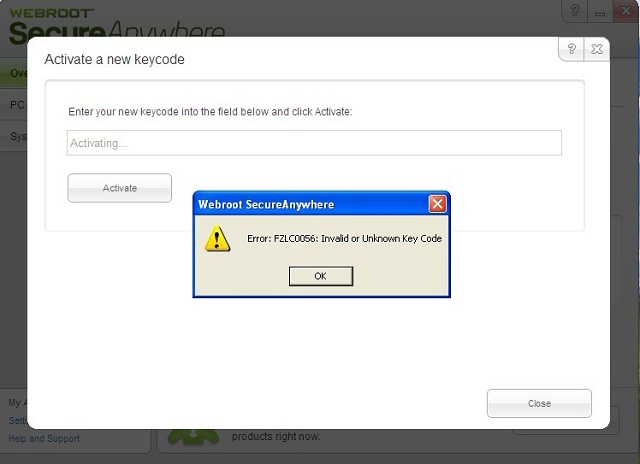 webroot secureanywhere keycode not working