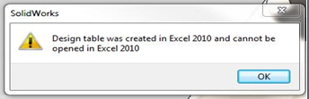 Design table was created in Excel 2010 and cannot be opened in Excel 2010.