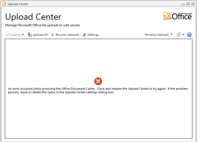 An error occurred while accessing the Office Document Cache 