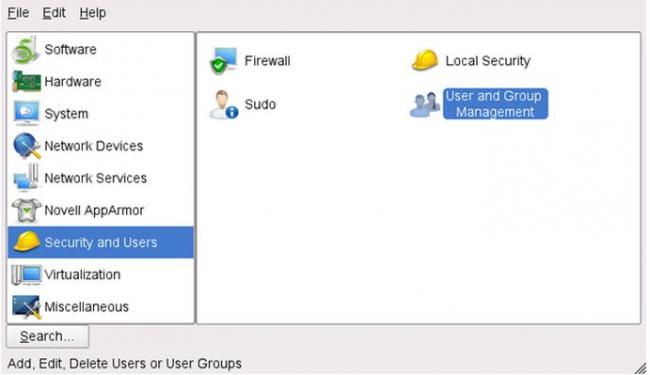 Computer - YaST – Security and Users – User and Group Management