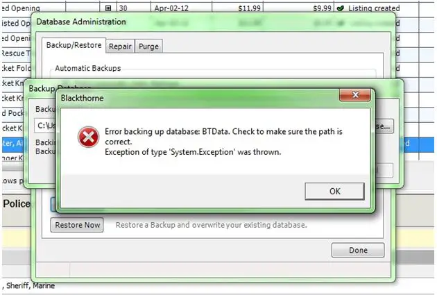 Error backing up database: BTData-Check to make sure the path is correct-Exception of type ‘System.Exception’ was thrown