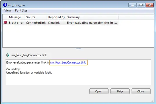 Error evaluating parameter “rho” in “sm four bar/Connector Link