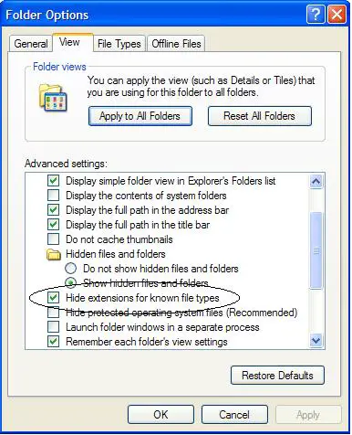 Folder Option Window-Hide Extensions For Known File Types