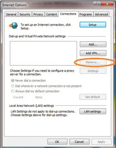 Internet option window setup