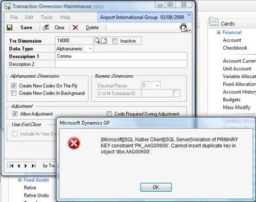 Microsoft Dynamics GP-Cannot insert duplicate key in  object’ dboAAG00600’