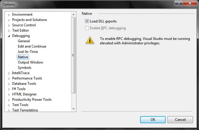 Native- Load DLL exports - Enable RPC debugging - To enable RPC debugging- Visual Studio must be running elevated with Administrator privileges