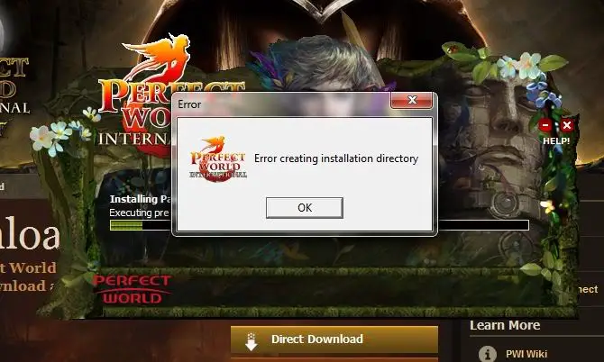 Error creating installation directory - PERFECT WORLD