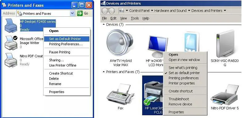 Start > Printers and Faxes-Control Panel >Hardware and Sound > Devices and Printers-set as default printer