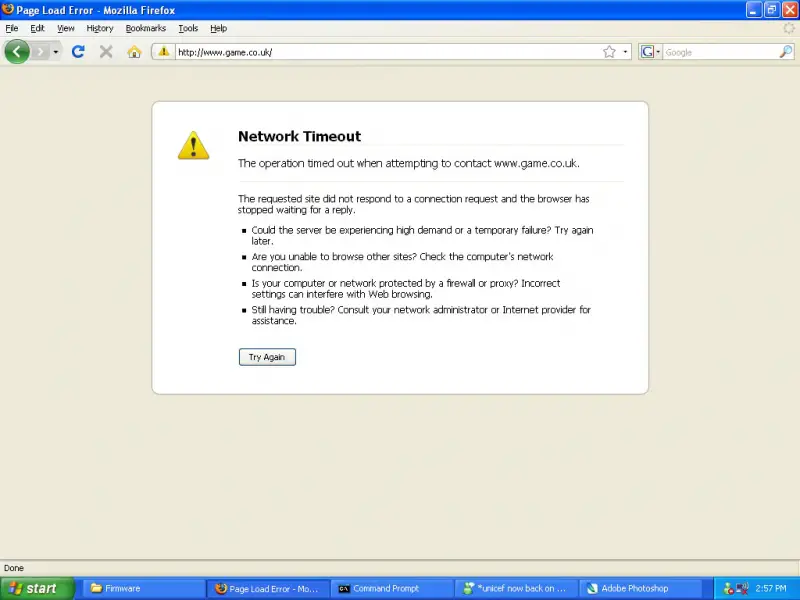 The operation timed out when attempting to contact www.game.co.uk.