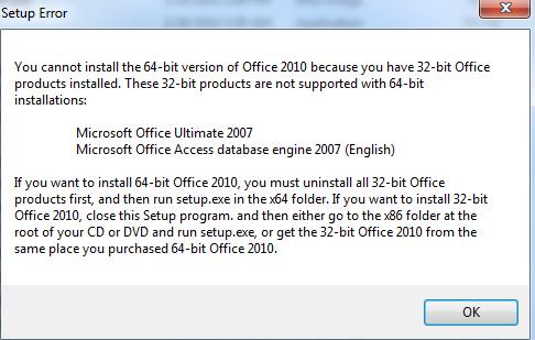 When I tried to set up office 2010 I found error message