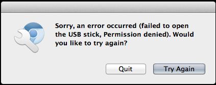 an error occurred (failed to open the USB stick, Permission denied)