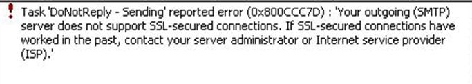 Task 'DoNotReply' - Sending' reported error (0x800CCC7D)