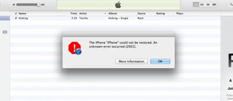 The iPhone “iPhone” could not be restored. An unknown error occurred (2001)