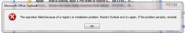 The operation failed due to an installation problem restart outlook and try again что делать