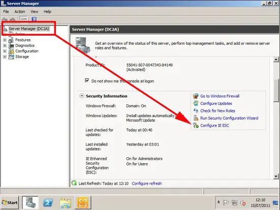 Launch the server manager, select from the menu the Configure IE ESC.