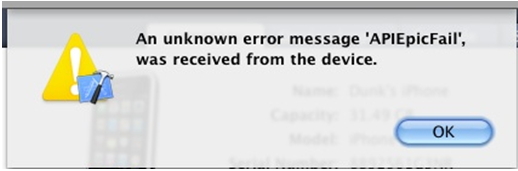 An unknown error message ‘APIEpicFail’, was received from the device.