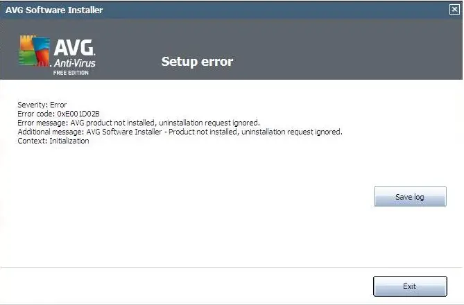 AVG product not installed, uninstallation request ignored.-0xE001D02B