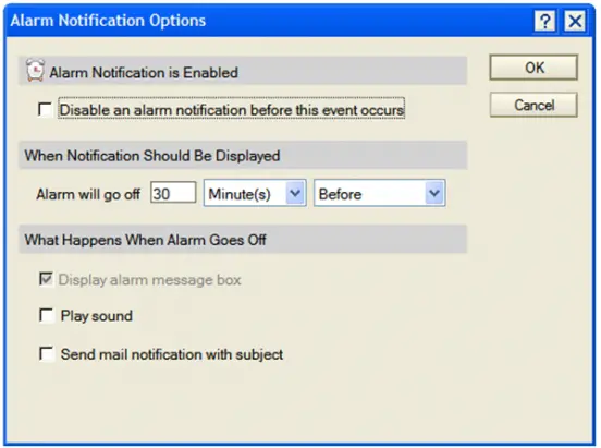 Enable alarm Notification options