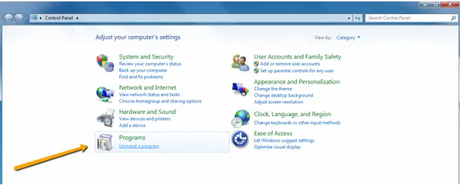 Select Control panel Click on Uninstall a Program under Programs