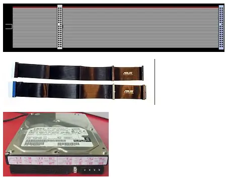 an IDE ribbon cable and hard drive