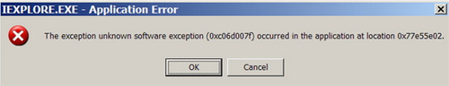 The exception unknown software exception (0xc06d007f) occurred in the application at location 0x77e55e02.