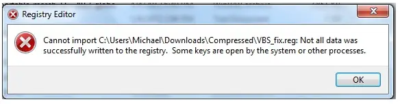 Not all data was successfully writeen ti the registry. some keys are open by the system or other processes.