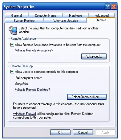 Remote tab button, then click the Allow users to connect remotely to this computer check box