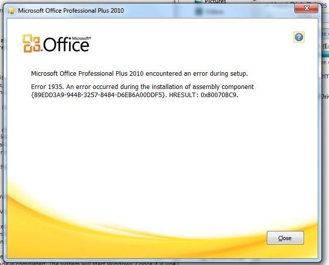 Microsoft Office Professional Plus 2010 encountered error 1935 during setup  