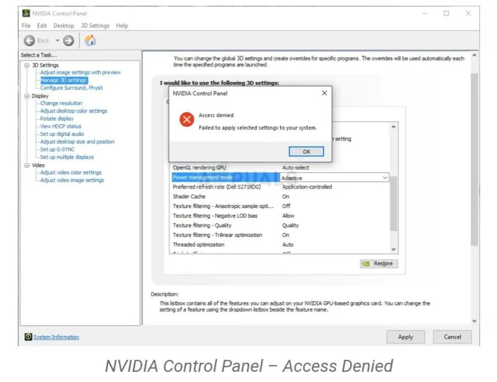 nvidia control panel windows 10 access denied