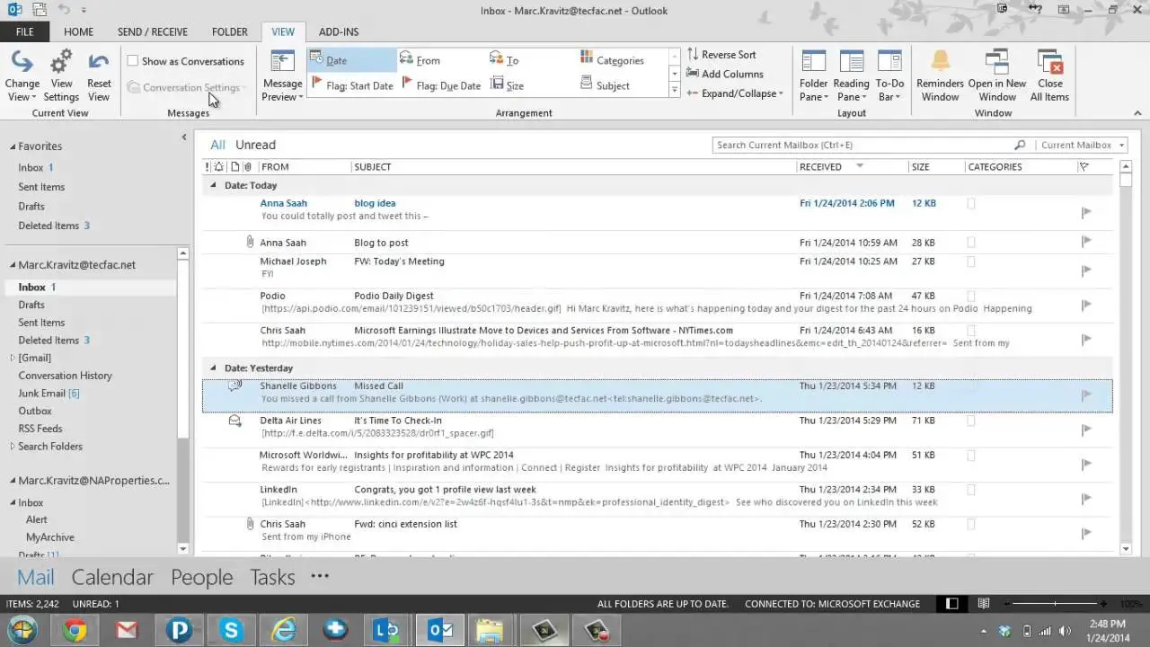 Microsoft Outlook 2013 Classic View Display
