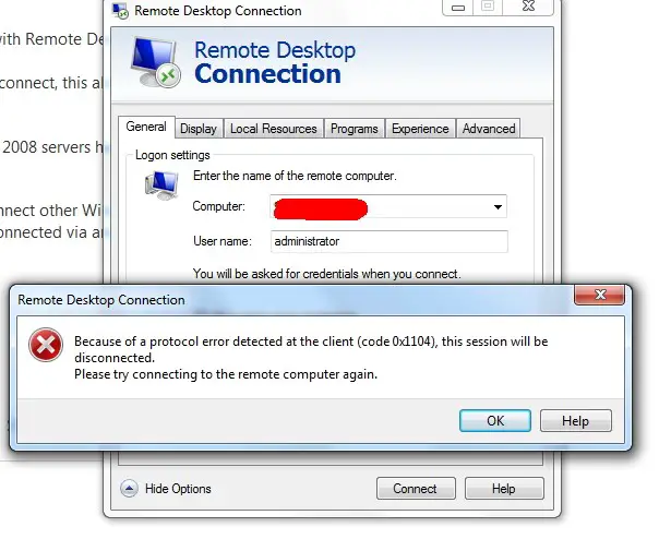 Обнаружена ошибка протокола на клиентском компьютере код 0x1104 сессия будет отключена