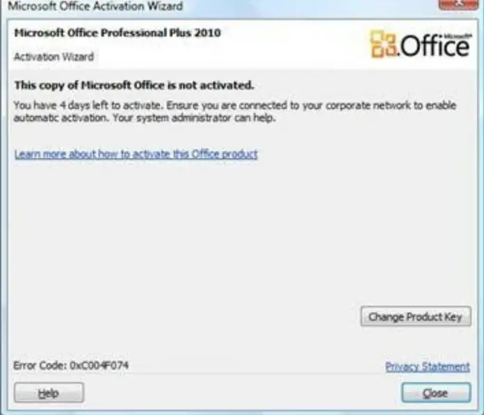 microsoft office 2010 error code 0xc004f074