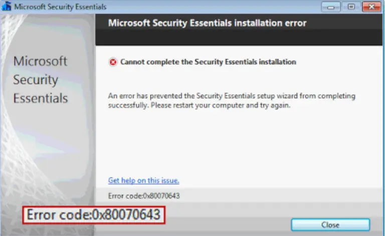 Код ошибки 0x80070643 microsoft security essentials windows 7