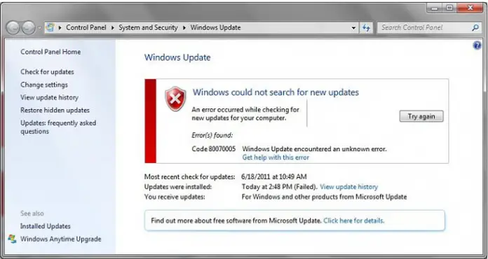 Fix 80070005 Windows Update Error Manually - Techyv.com