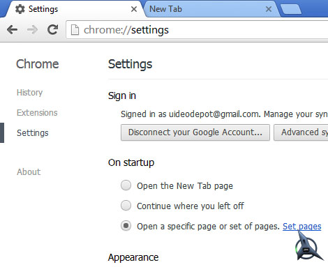 Google Chrome click Set pages