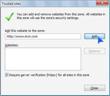 Microsoft Internet Explorer Trusted sites dialog